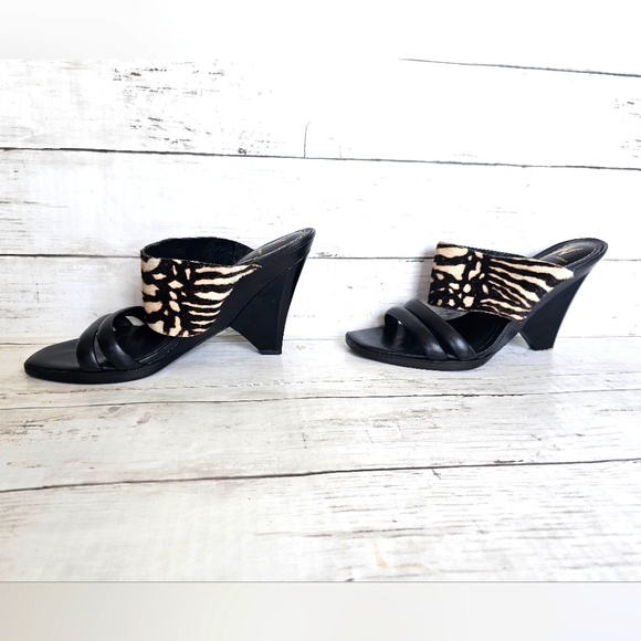 Vintage J Vincent Zebra Fur Black Leather Slip on Strappy Heels Sandals Size 9M - Picture 8 of 13